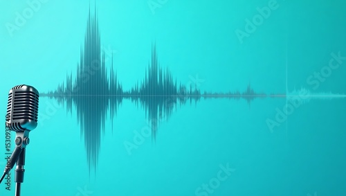 Retro microphone with teal audio waveform background