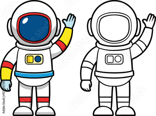 Cartoon astronauts in spacesuits waving hands in colorful and black white outlines for illustration