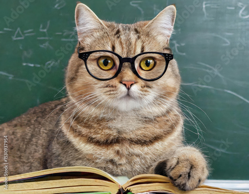 Smart cat wearing glasses studies a book in front of a chalkboard filled with equations