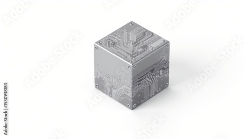 create a 3d rendering or illustration of a metallic electronic cube circuit board positioned on top of a plain background