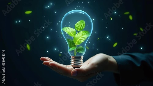 Hand holding light bulb with green plant inside symbolizes sustainable energy innovation and ecology themes promoting renewable resource solutions.