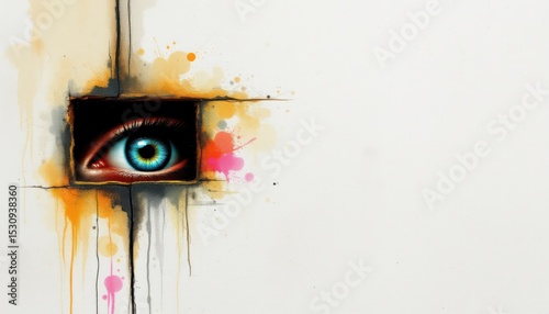 create an abstract artwork featuring a single eye peering out from the corner of the canvas, leaving plenty of empty space on the right side for text