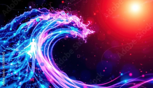 create a futuristic digital art piece featuring a dynamic wave and big data abstract background elements