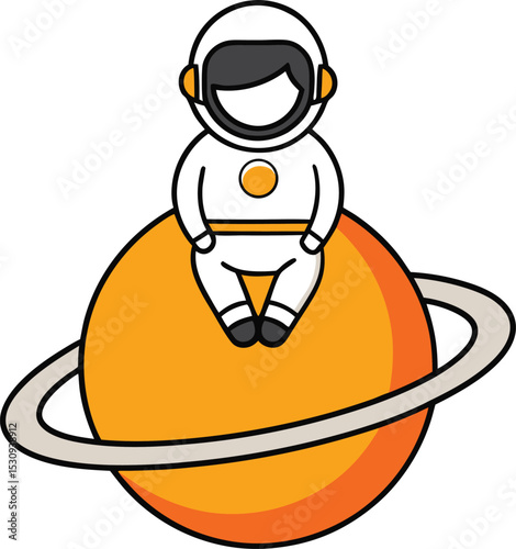 A charming cartoon astronaut sits atop a planet with a ring ready for space exploration and discovery in vector style