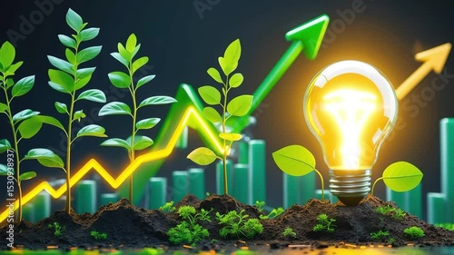 Growing plants with financial chart and lightbulb represent innovation investment and development for ecological friendly resources.