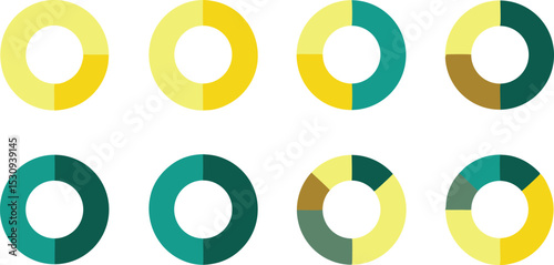 Donut Chart Set With Teal Yellow Segments On White Background, Round Graph, Diagram