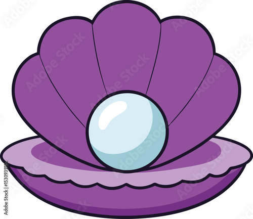 Simple cartoon illustration of a purple clam shell with a large pearl centered perfectly inside