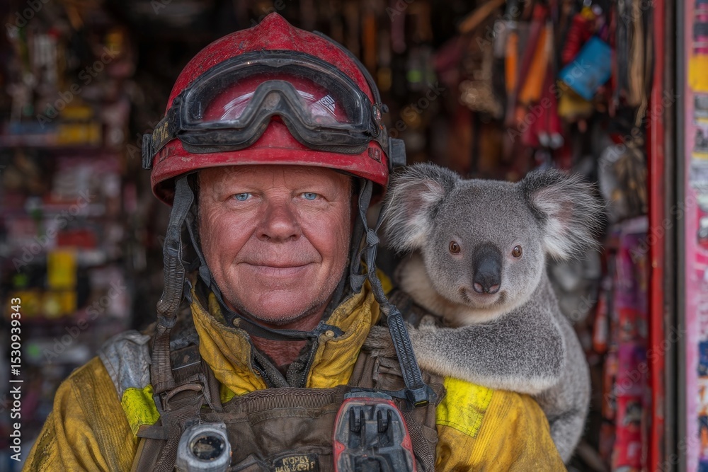 Fototapeta premium A fireman holds a koala that was rescued from a forest fire amidst a backdrop of natural disasters and drought