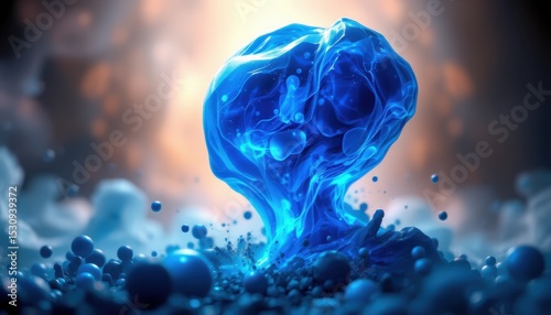 create a striking 3d rendering of an otherworldly blue gaseous shape emerging from particles in the foreground, set against an abstract glowing background with depth of field