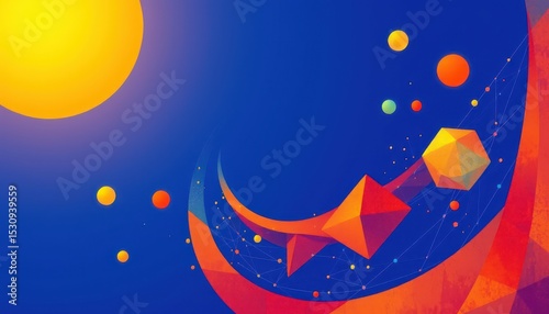 create an abstract illustration of a spirograph element and geometric polygonal shapes against a blue background with a technology theme