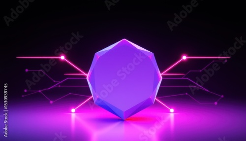 create an abstract 3d illustration featuring a volumetric polygon with connecting neon lines at the corners to represent a technological concept