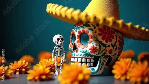 Day of the Dead still life with a decorated skull a small skeleton figure and bright marigolds representing traditional cultural celebrations.