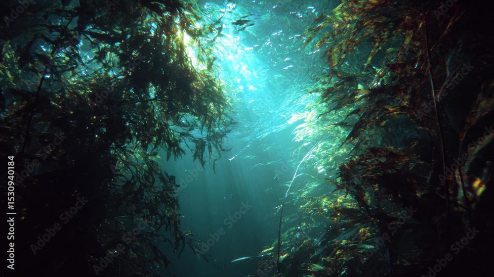 Fototapeta premium Sunlit kelp forest scenery background image