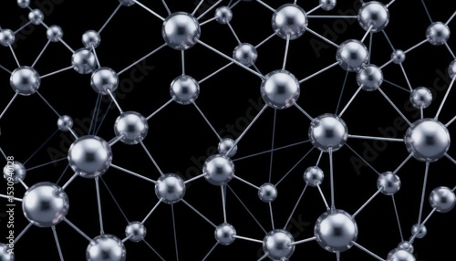 interconnected metallic spheres on dark background keywords: network, interconnected, metallic spheres, dark background, glossy modern style, subject at the bottom