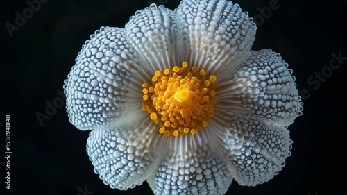 Close-up of a unique flower with intricate textures and vibrant yellow center against a dark background