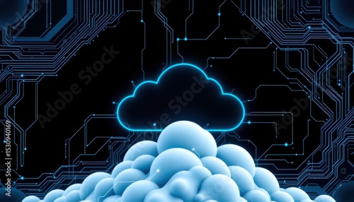 tech themed cloud puter concept with geometric patterns and lines, 3d illustration, subject positioned at bottom for photo use, ample copy space above.