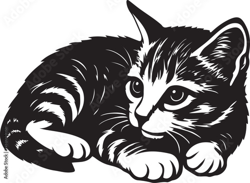 Kitten line art cute black and white style, Sleeping kitten minimal pet illustration
