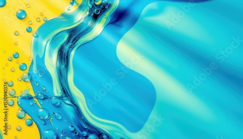 create an abstract image featuring a blue and yellow background with oil bubbles and drops on water, on the left side of the image, place a subject with emerald tones