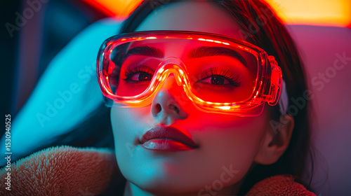A woman gazes confidently while wearing bright, glowing eyewear, surrounded by vibrant neon lights at night