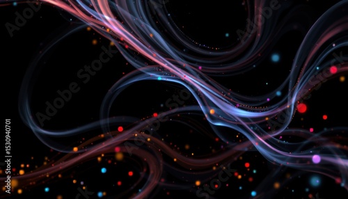 create an abstract 3d image featuring a flowing, wavy design in the background with streams of colored particles that appear to move in an abstract flow