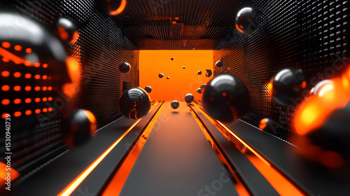 3d rendering of black and orange abstract geometric background. Scene for advertising, technology, showcase, banner, game, sport, cosmetic, business, metaverse. Sci-Fi Illustration. Product display