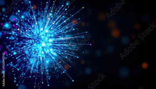 create an abstract digital artwork featuring cybernetic particles as the subject on the right against a photo background