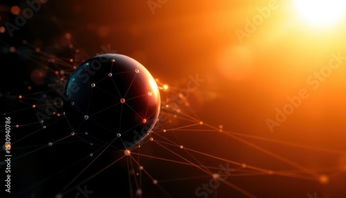 create a digital abstract image featuring a dark sphere connected by lines and dots to a 3d rendering of a network structure, set under noon sunlight