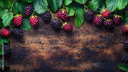 A selection of ripe blackberries and raspberries is beautifully arranged on a rustic wooden surface, surrounded by green leaves