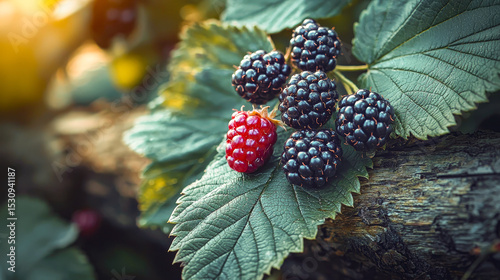 A cluster of ripe blackberries and a single raspberry are surrounded by vibrant green leaves, illuminated by sunlight