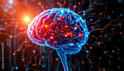 create a digital illustration featuring an image of data processing and network connections over a human brain, representing global science connections and puting technology