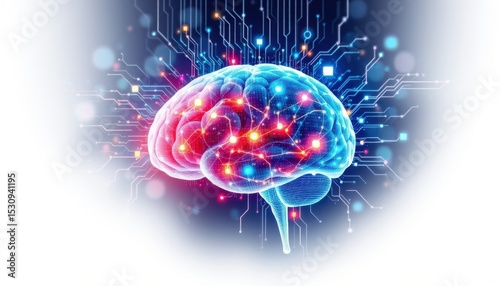 create a digital illustration featuring an image of data processing and network connections over a human brain, representing global science connections and puting technology