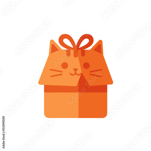 Orange, stylized, cartoon cat pops out from a gift box tied with a bow against a white background