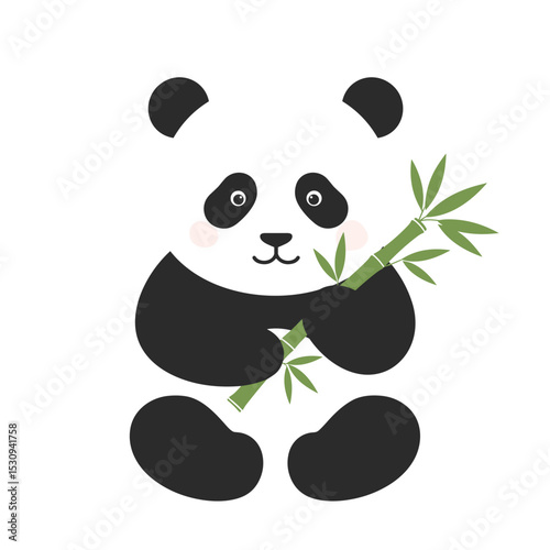 Cute panda holds green bamboo shoots on white