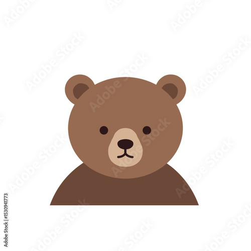 Cartoon depiction of a brown bear's head with round ears, black eyes, and tan snout on white