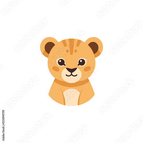 Cartoon illustration of a light brown lion cub head and upper torso on white background
