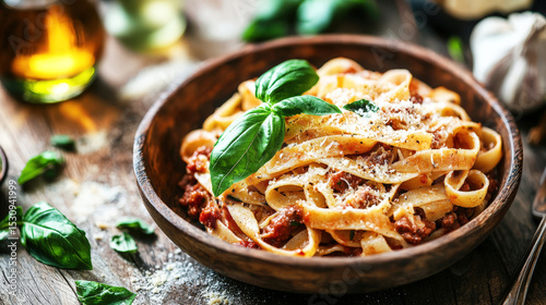 A bowl of pasta is served with fresh basil leaves, cheese, and a rich sauce, resting on a rustic wooden surface