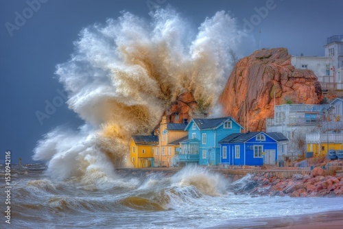 Generative Ai depicts the destructive power of tsunamis on coastal villages, symbolizing the catastrophic collision of powerful ocean waves and seaside communities in the context of natural disasters