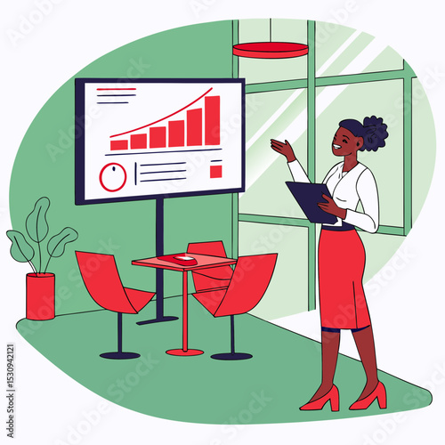 A young African woman confidently giving a presentation in a modern office meeting room. She stands next to a large screen displaying graphs and data. The room is well-lit with sleek furniture and pro