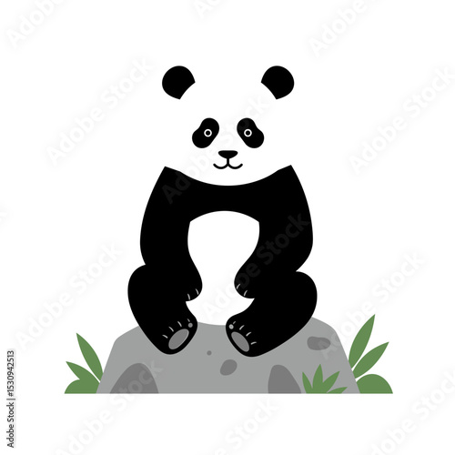 Cartoon depiction of a panda bear's upper body, composed with minimalist black and white shapes