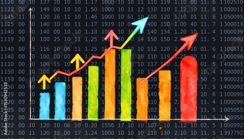 create an abstract business chart with bars and arrows in binary code against a dark background, featuring a subject on the right and copy space on the left