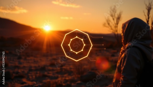illustrate a structural munication of data transmission using a hexagon, under a bright dawn, depict a scene with a subject on the right and ample copy space on the left for text