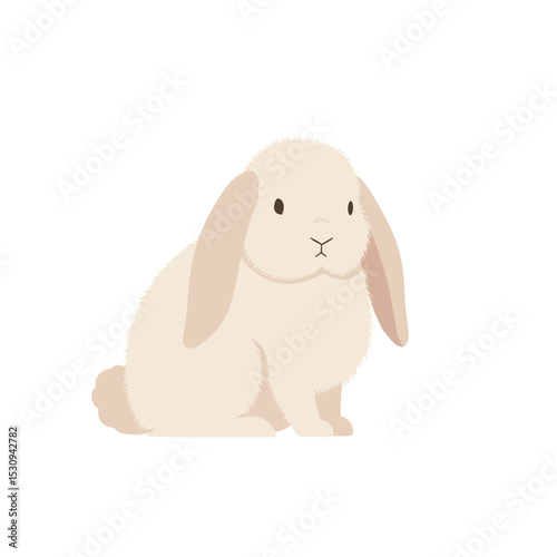 Cute tan lop-eared rabbit with black eyes and small nose against a bright white background
