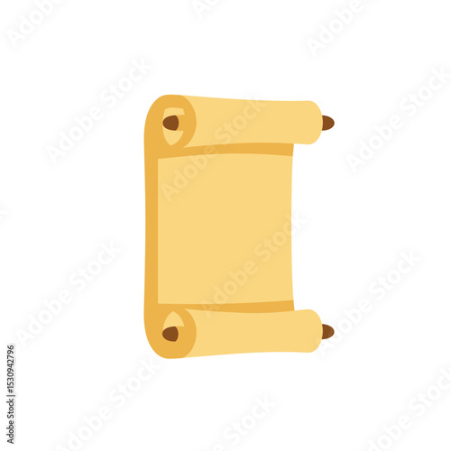 Cartoon drawing of a tan scroll with brown rod, partially unrolled on a white background