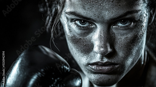 A young female boxer displays intense determination and focus while training, highlighting her strength and dedication in a dark setting