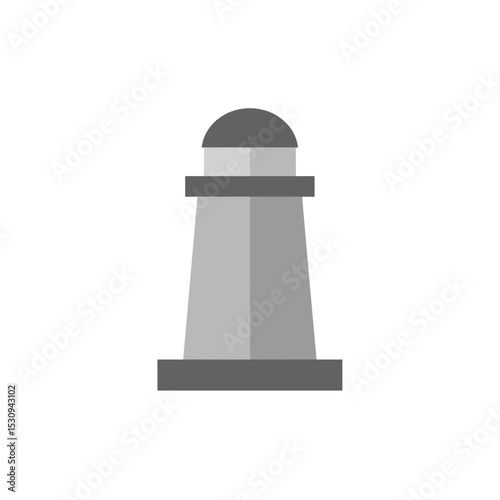 Minimalist illustration of a lighthouse tower rendered in shades of gray on a white background