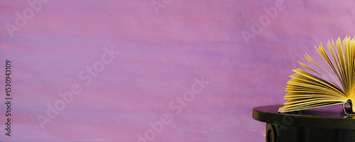 opened book on large background, panorama format, good copy space