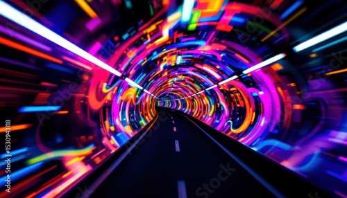 create a mesmerizing image of a tunnel bathed in bright lights that illuminate swirling colors and a sense of rapid movement, the tunnel is located under bright dawn
