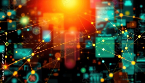 create a vivid and abstract image featuring dotted lines connecting to a network of graphics, with a clear subject at the top and ample copy space at the bottom