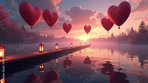 A scenic romantic sunset reflects on tranquil water with a pier lined by heart-shaped balloons and lanterns, ideal for love or relationship themed