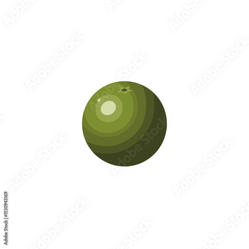 Styled green fruit, centered, with light reflections, in an upward view, isolated on a white background